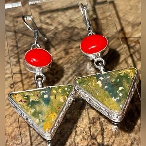 Heliotrope Dark Green Dragon Bloodstone & Red Onyx Earrings 2 1/4”